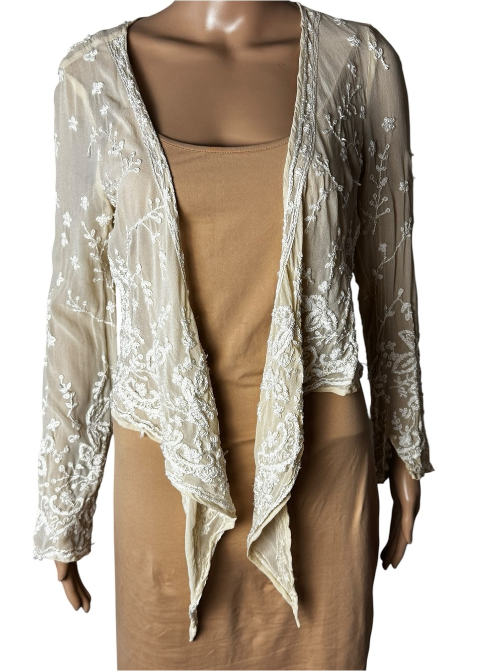 Vintage Karen Kane 100% Silk Embroidered Shrug Cardigan Sheer Boho Lagenlook Y2K
